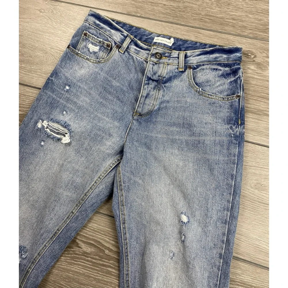 Avec Les Filles‎ Women's Light Wash Distressed Button Fly Jeans Blue Size 27